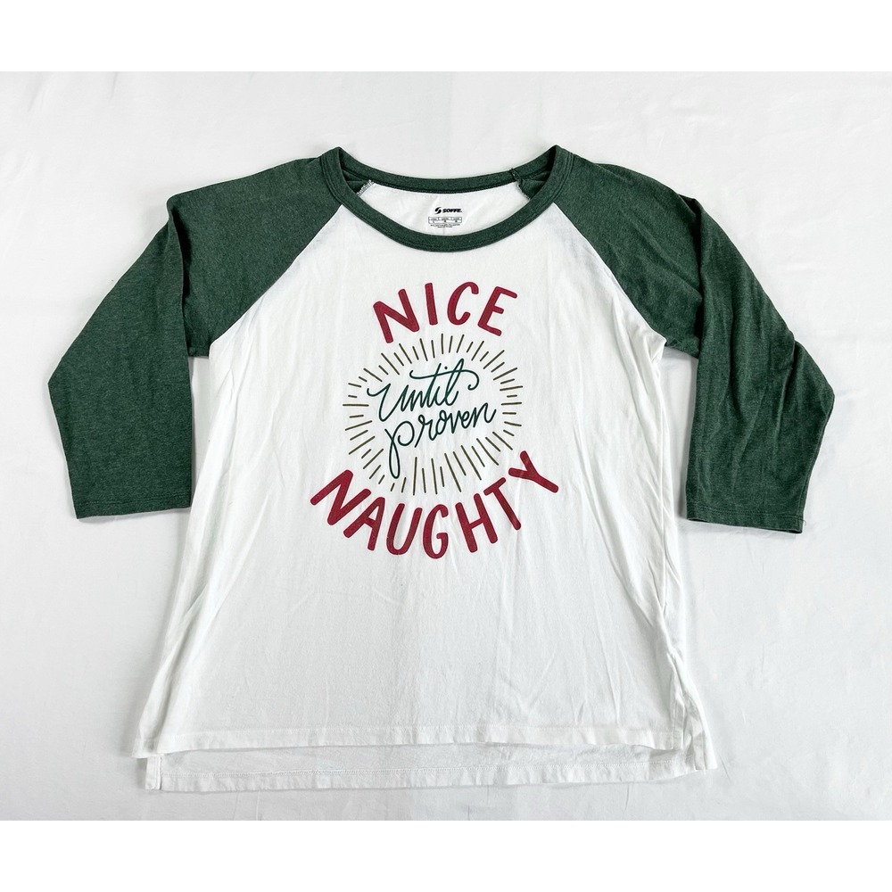 Soffe Nice Until Proven Naughty Raglan Shirt Womens Large L 3/4 Sleeve Christmas